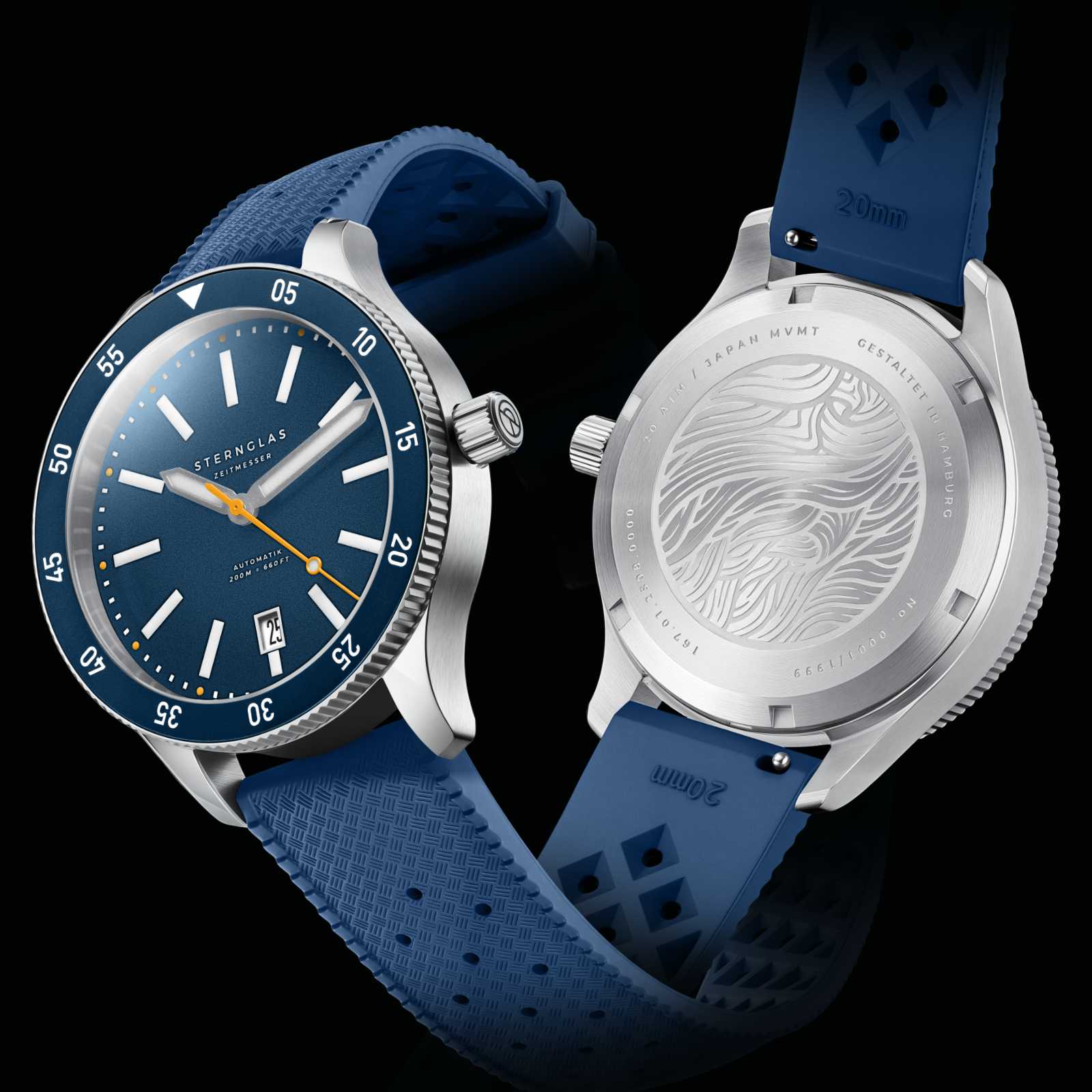 Bracelet pour homme, cadran bleu à l'avant et fond argenté à l'arrière, bracelet bleu.