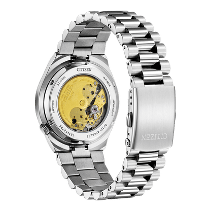 Herrenarmbanduhr mit Blick aufs Automatikwerk, Edelstahlarmband