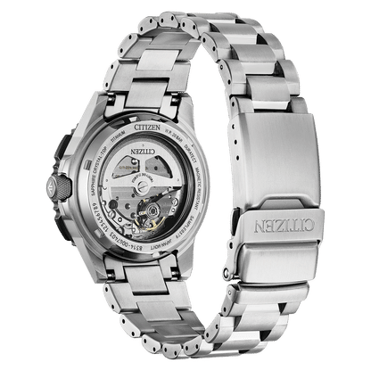 Citizen Herrenarmbanduhr, Rückseite mit sichtbarem Uhrwerk und silbernem Metallband