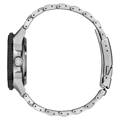 Citizen Herrenarmbanduhr seitlich, silbernes Metallgehäuse und Metallarmband