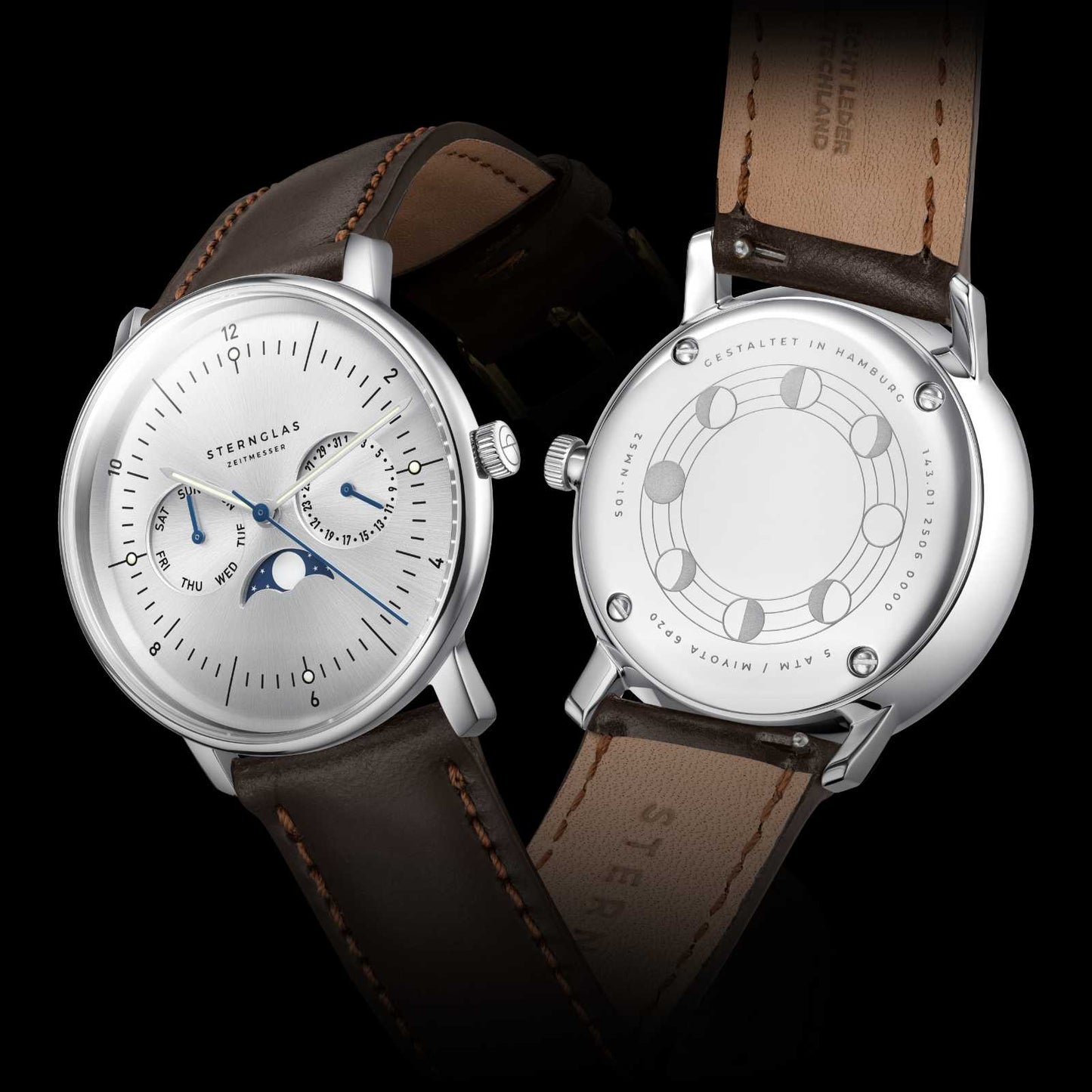 Montre Sternglas pour homme, recto verso, bracelet en cuir marron, boîtier argenté.