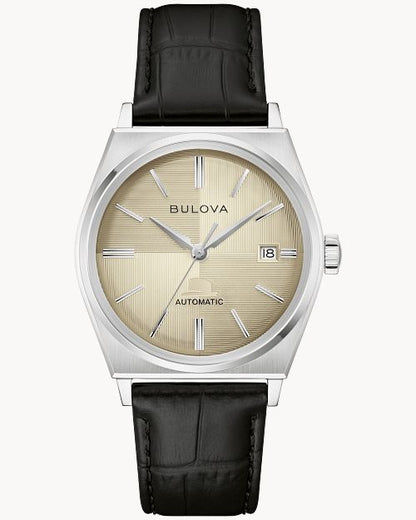 Bulova Herrenuhr mit beigem Zifferblatt, schwarzem Lederarmband, silbernem Gehäuse und Datumsanzeige