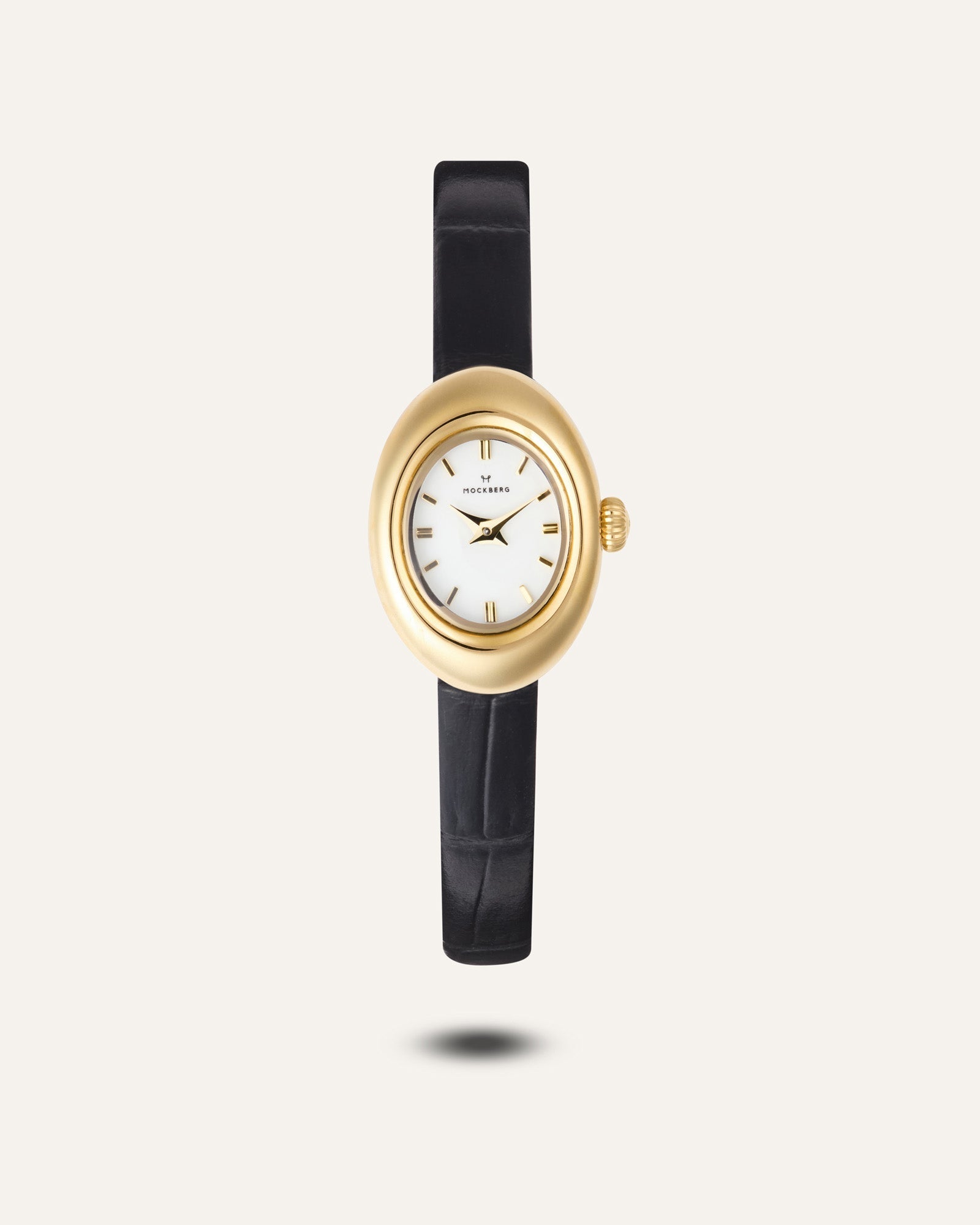 Damenarmbanduhr mit ovalem Gehäuse, schwarzem Lederband und Mineralglas