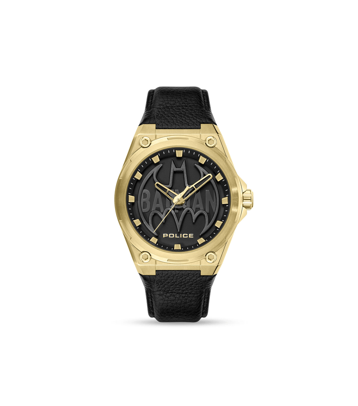 Police Batwing PEWGA0090006-SET Herrenuhr Schwarz/Gold • Goldplattiertes Edelstahlgehäuse • Rotierendes Batman-Symbol