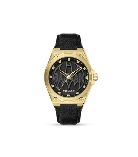 Herrenarmbanduhr mit schwarzem Lederband, goldfarbenem Gehäuse und Batman-Zifferblatt