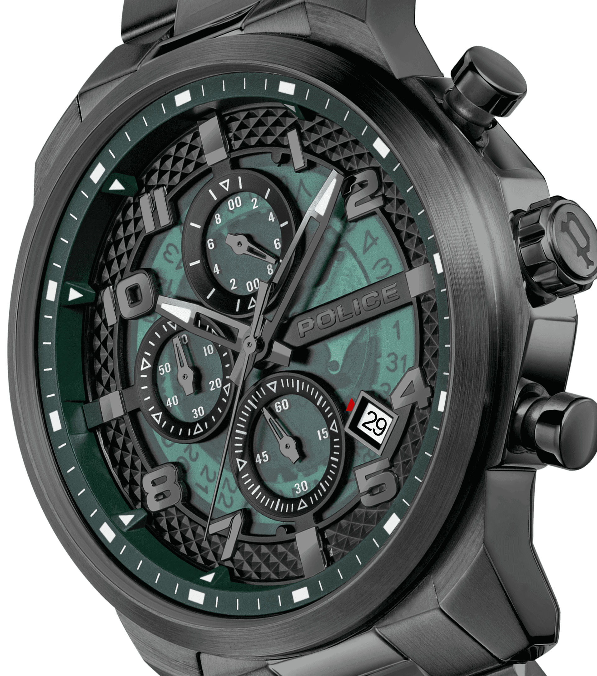Police Herrenuhr Nahaufnahme: grün-schwarzes Zifferblatt mit Chronographen-Subziffern