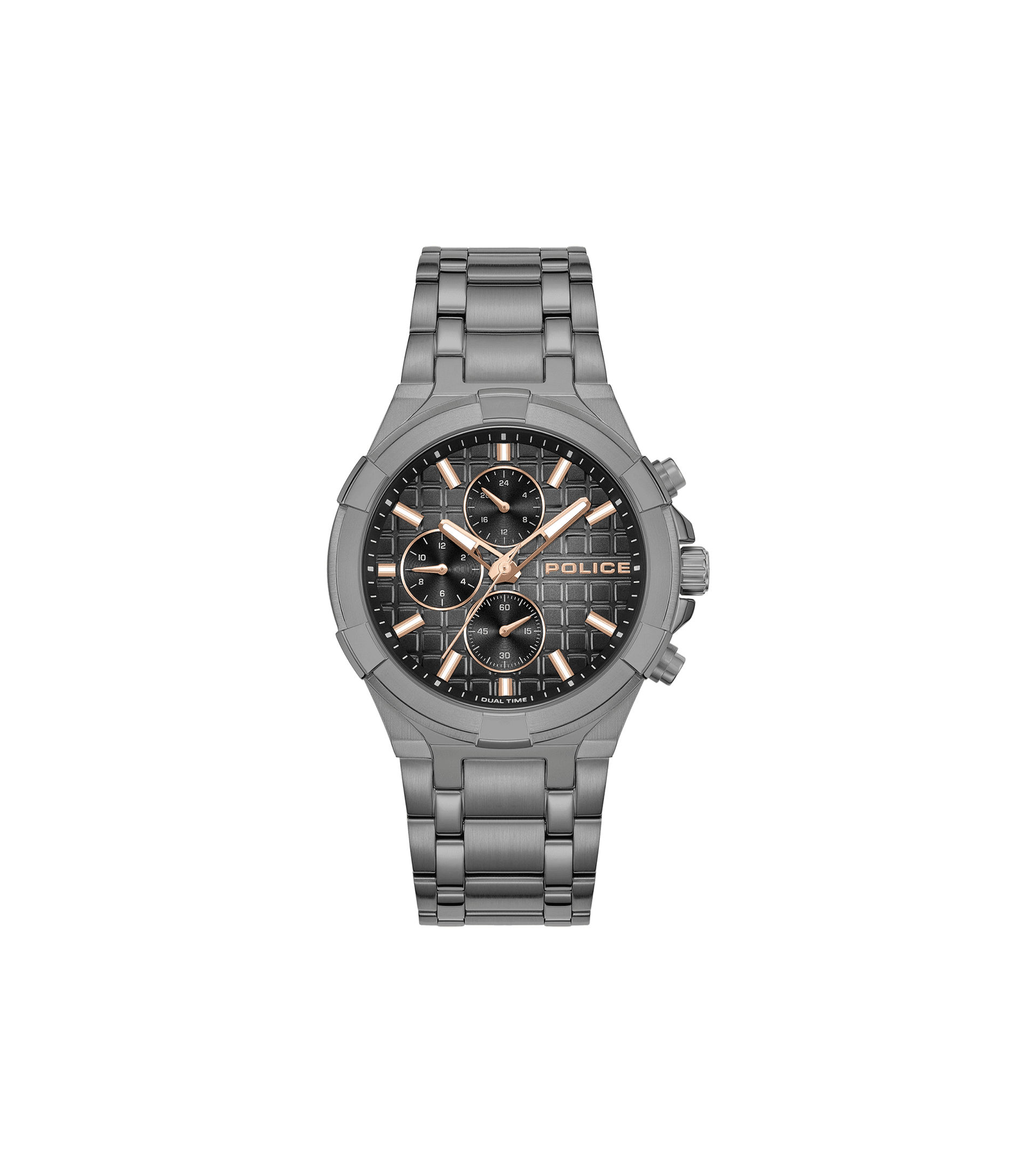 Herrenuhr mit Edelstahlarmband und schwarzem Multifunktions-Zifferblatt, silberne Lünette