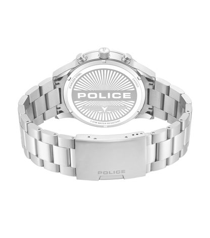 Herrenuhr-Rückseite mit Metallarmband, POLICE-Logo und Angabe 5 ATM