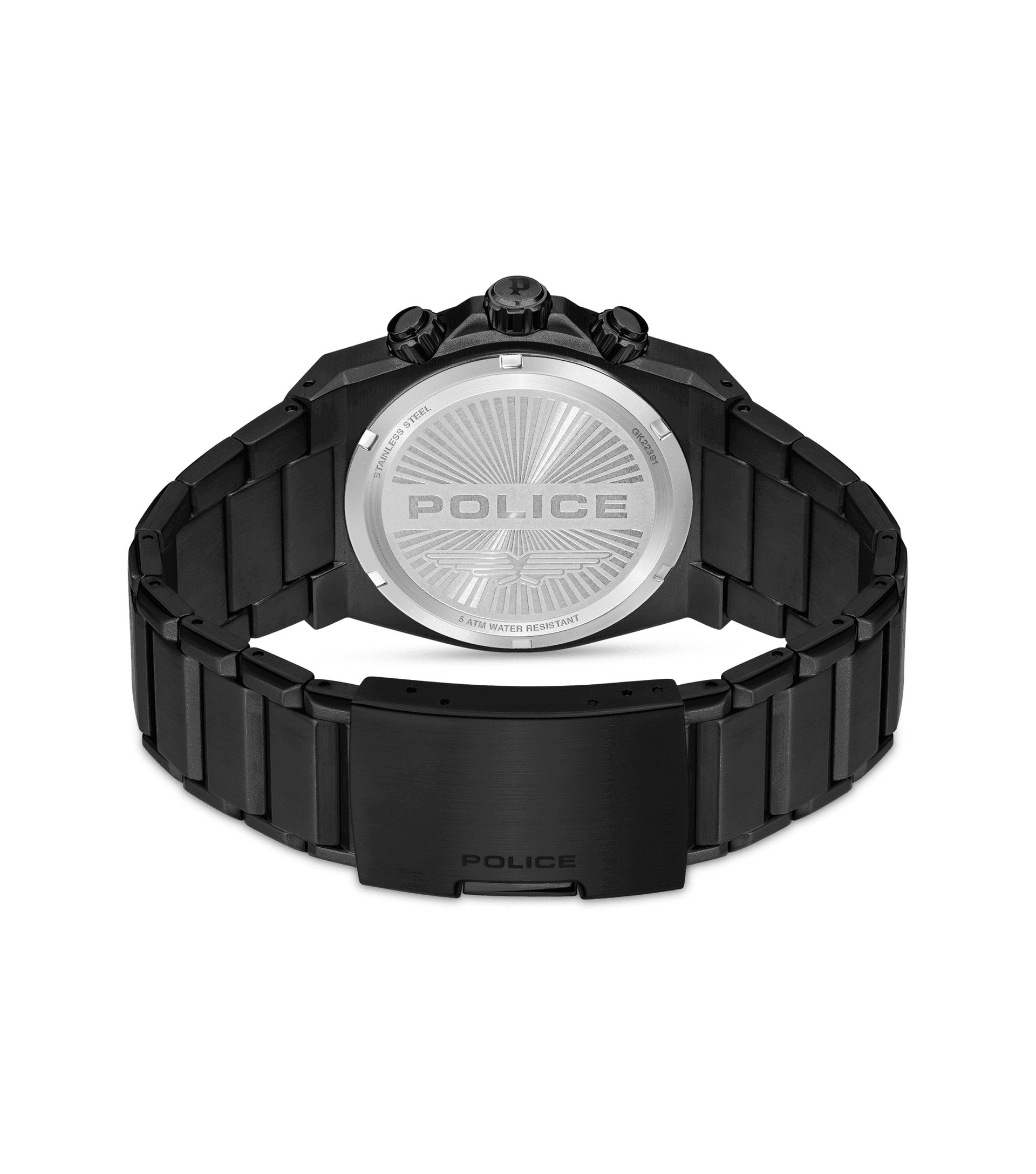 Armbanduhr mit schwarzem Metallgliederarmband, Rückseite mit POLICE-Aufdruck
