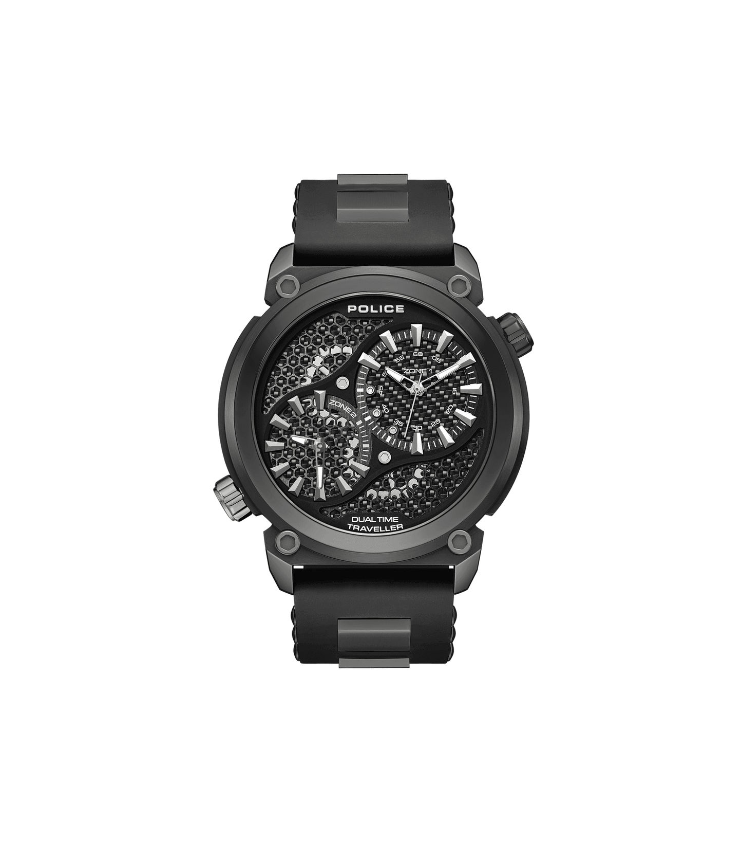 Herrenarmbanduhr mit schwarzem Gehäuse und Kautschukband, Zifferblatt mit Chrono-Optik