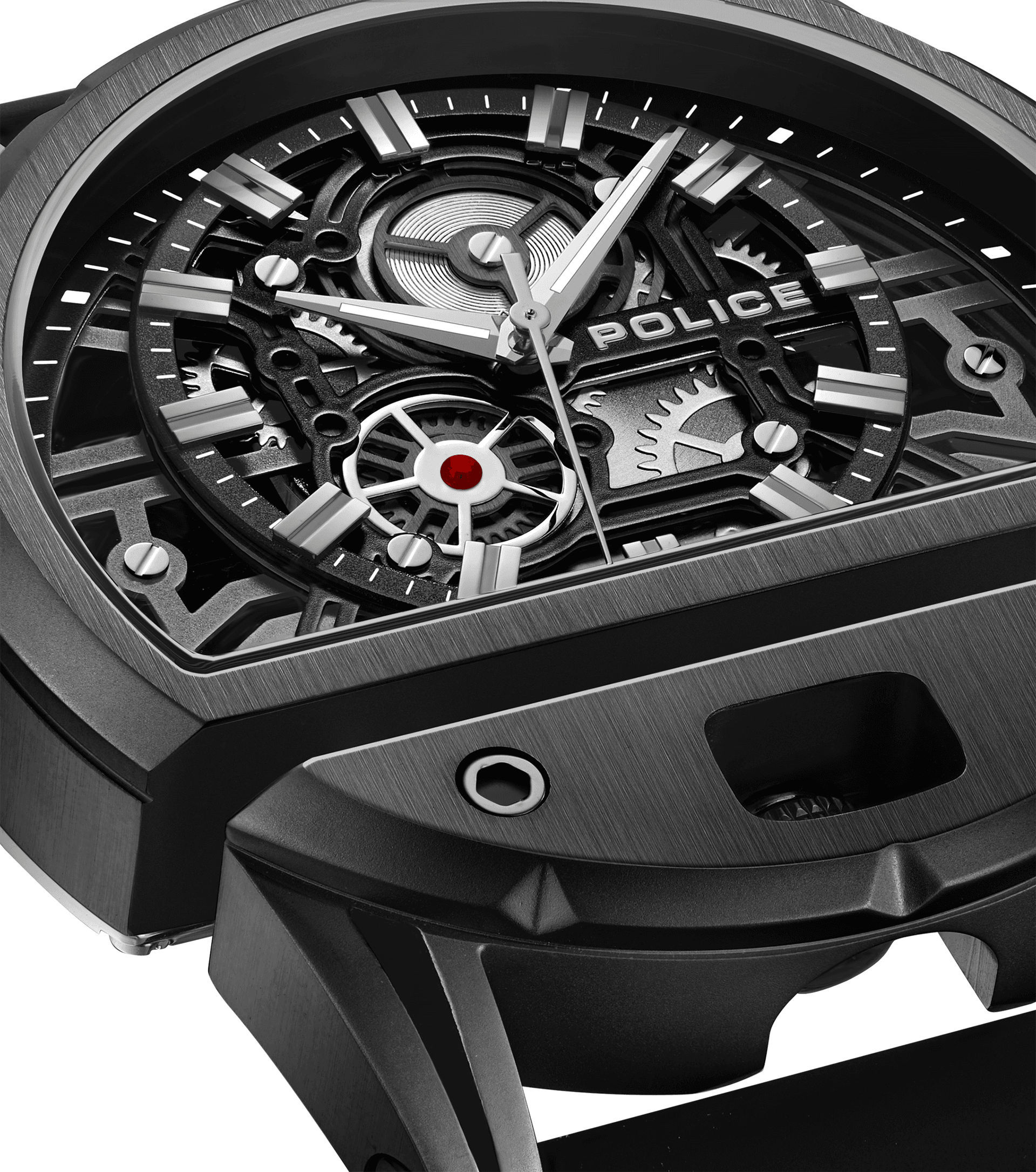 Detailaufnahme einer schwarzen Herrenuhr: Uhrwerk unter Glas, Zifferblatt im Mechanik-Look