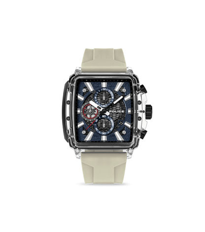 Herrenuhr mit transparentem Gehäuse, Chronograph-Zifferblatt, hellbeiges Silikonband