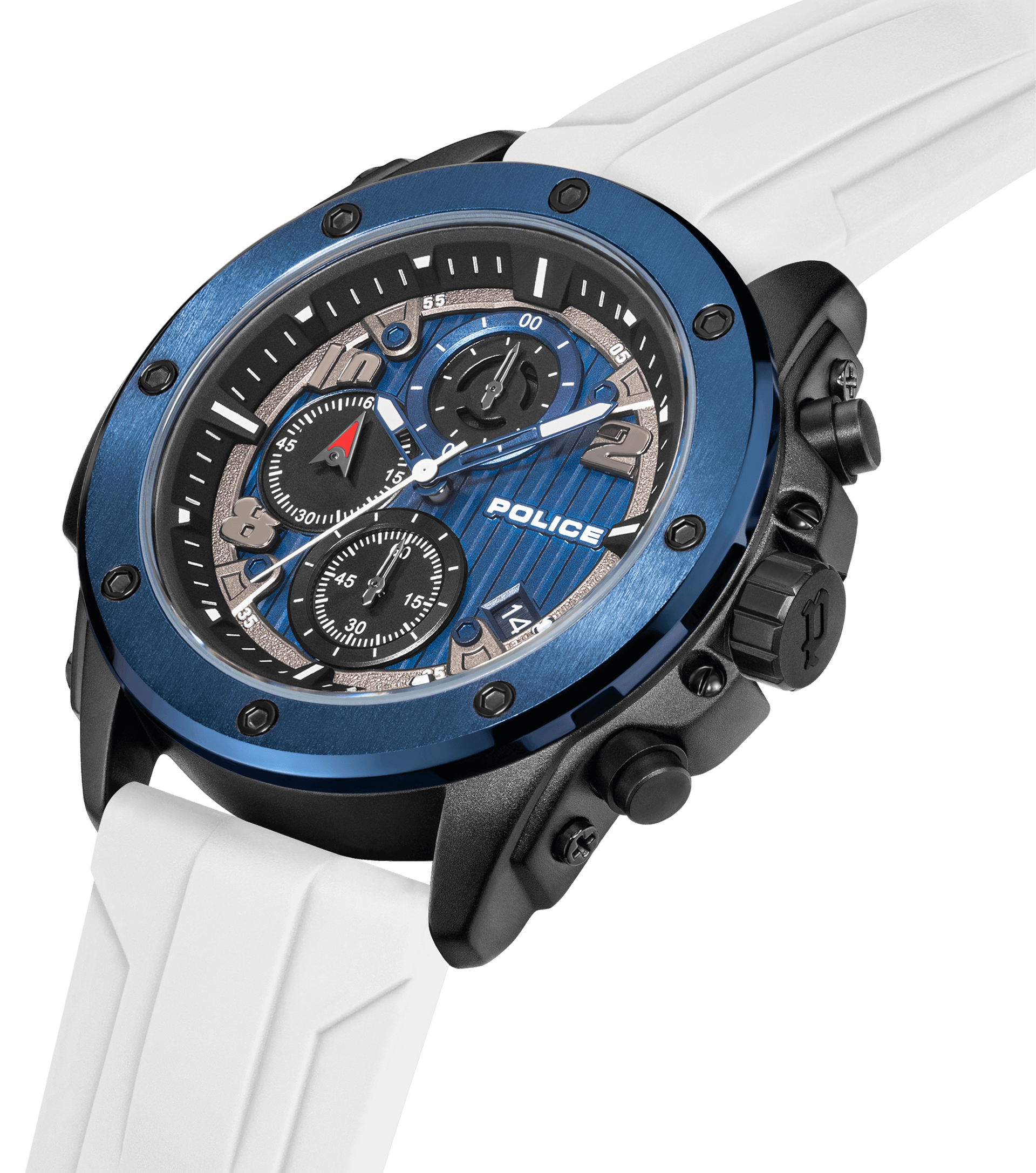 Herrenuhr-Detail: blaues Chronographen-Zifferblatt mit Zeigern, weißes Silikonarmband