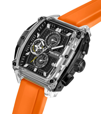 Herren-Quarzchronographenuhr: schwarzes Zifferblatt, silbernes Edelstahlgehäuse, orangefarbenes Armband
