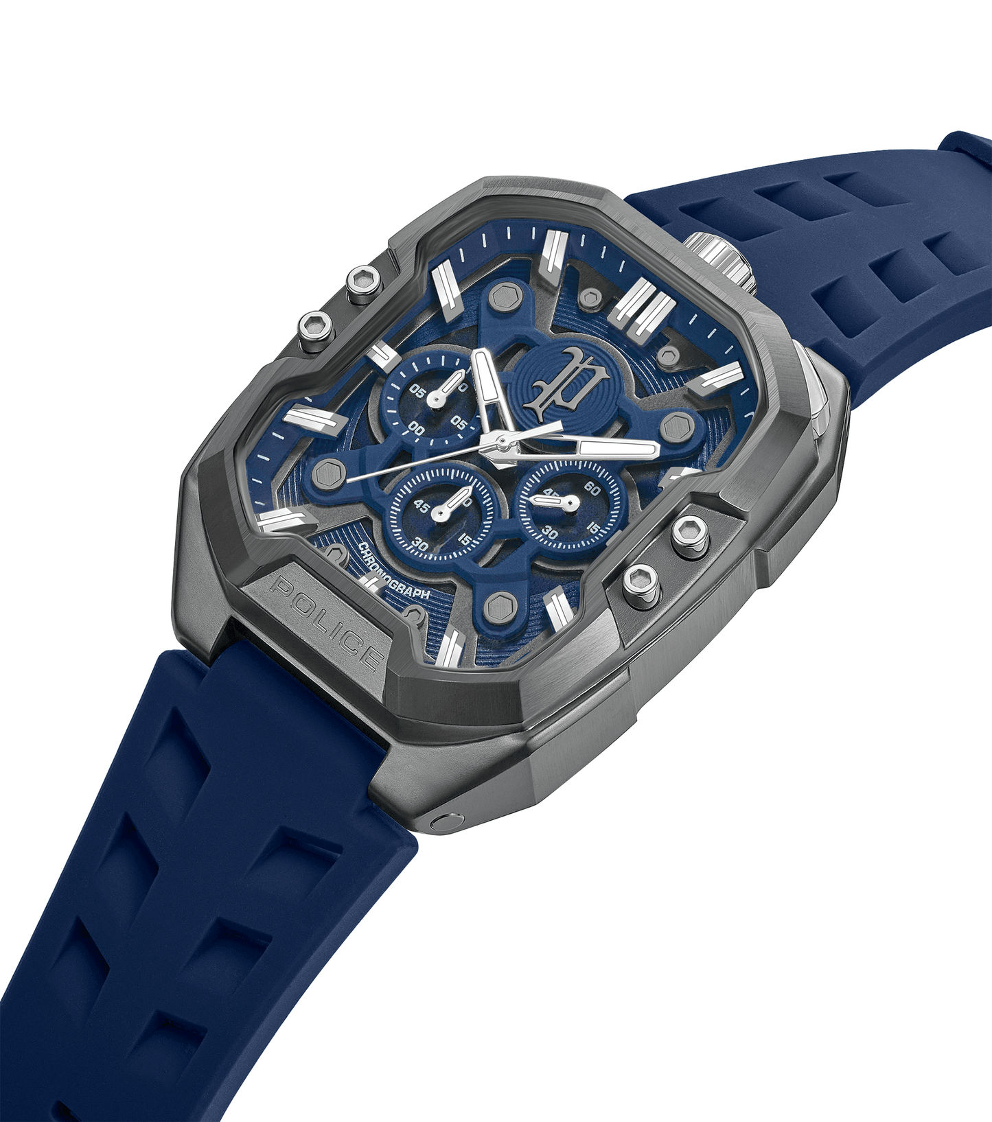 Armbanduhr-Vorderseite mit blauem Innenwerk, mehreren Chrono-Subdials und markanten Schrauben