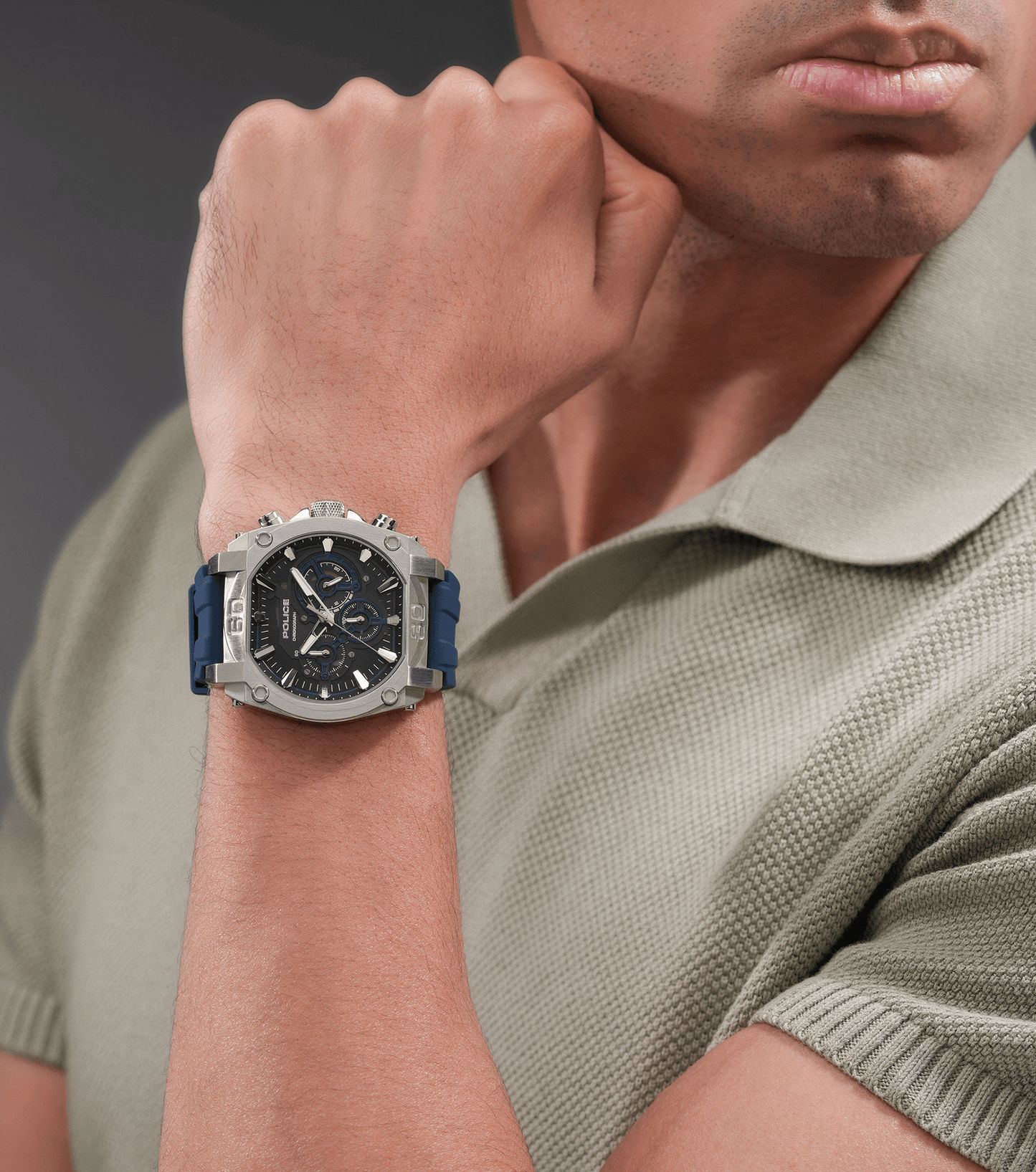Police Norwood Herrenuhr am Handgelenk, blaues Silikonarmband, Chronograph