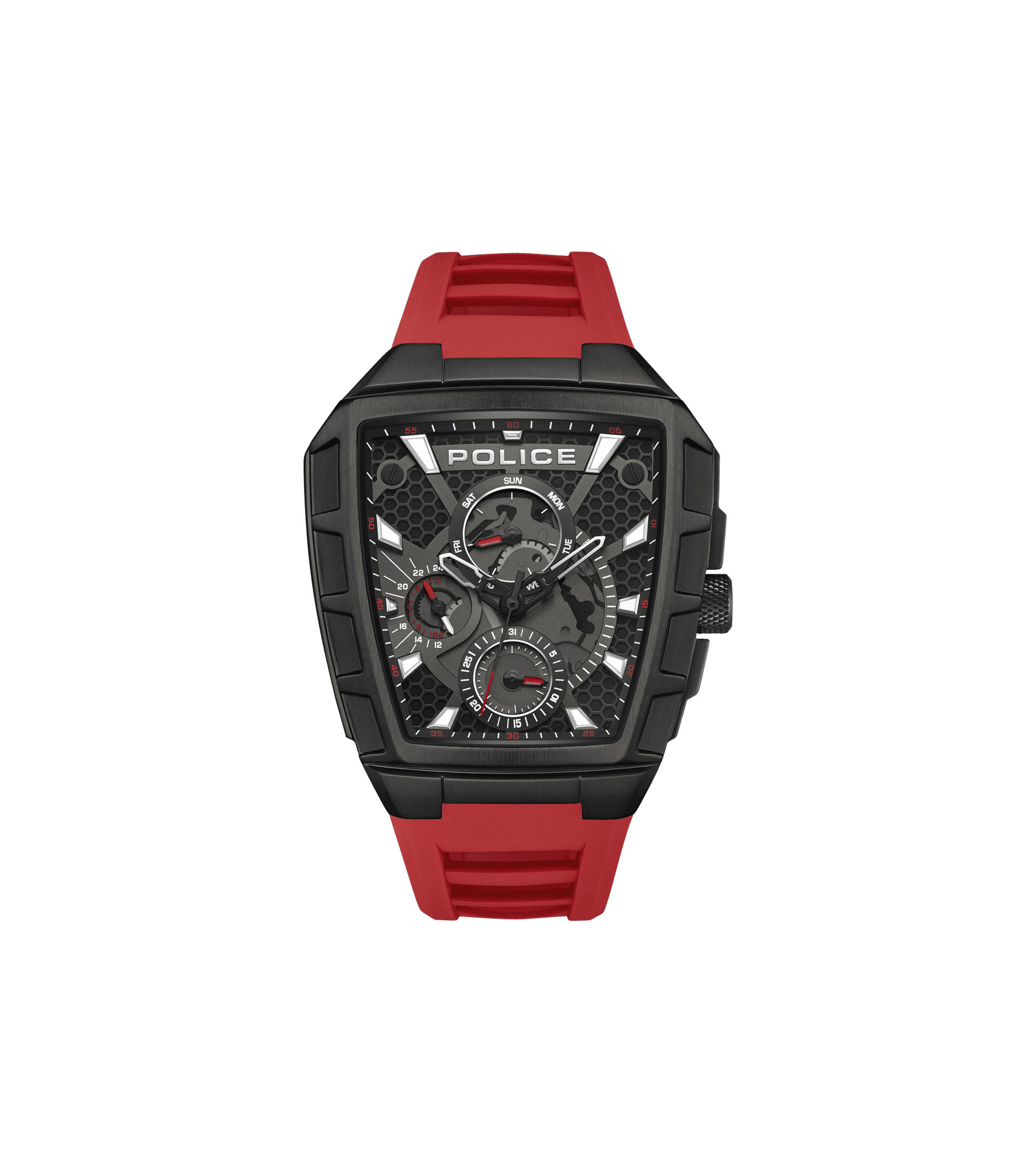 Herrenuhr mit schwarzem Gehäuse und rotem Silikonarmband, Multifunktions-Design.