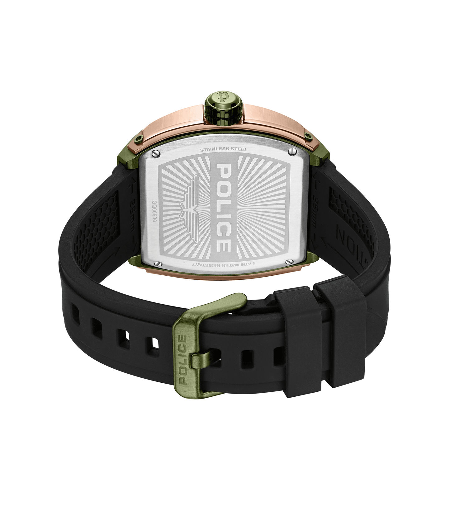 Herrenarmbanduhr mit grünem Gehäuseboden, schwarzem Silikonarmband und Dornschließe.