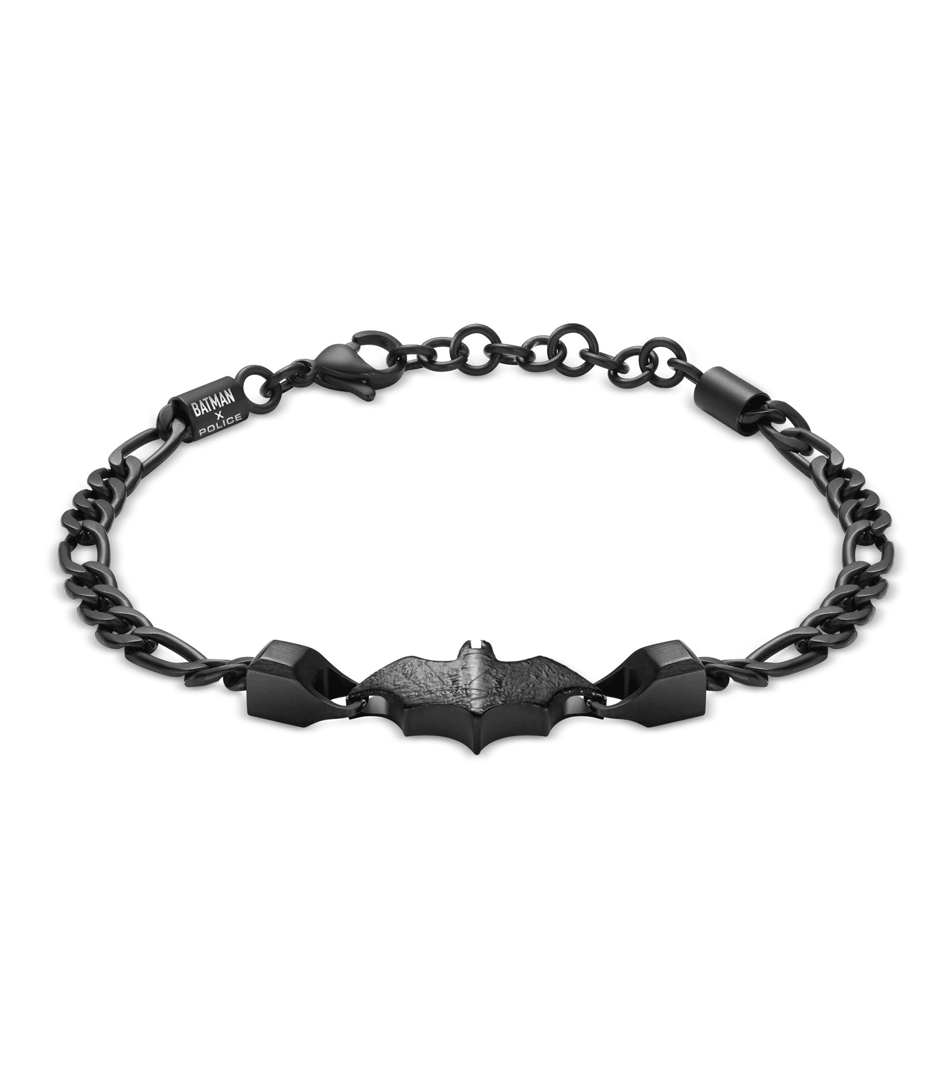 Schwarzes Armband mit Gliederkette und Fledermaus-Emblem in der Mitte