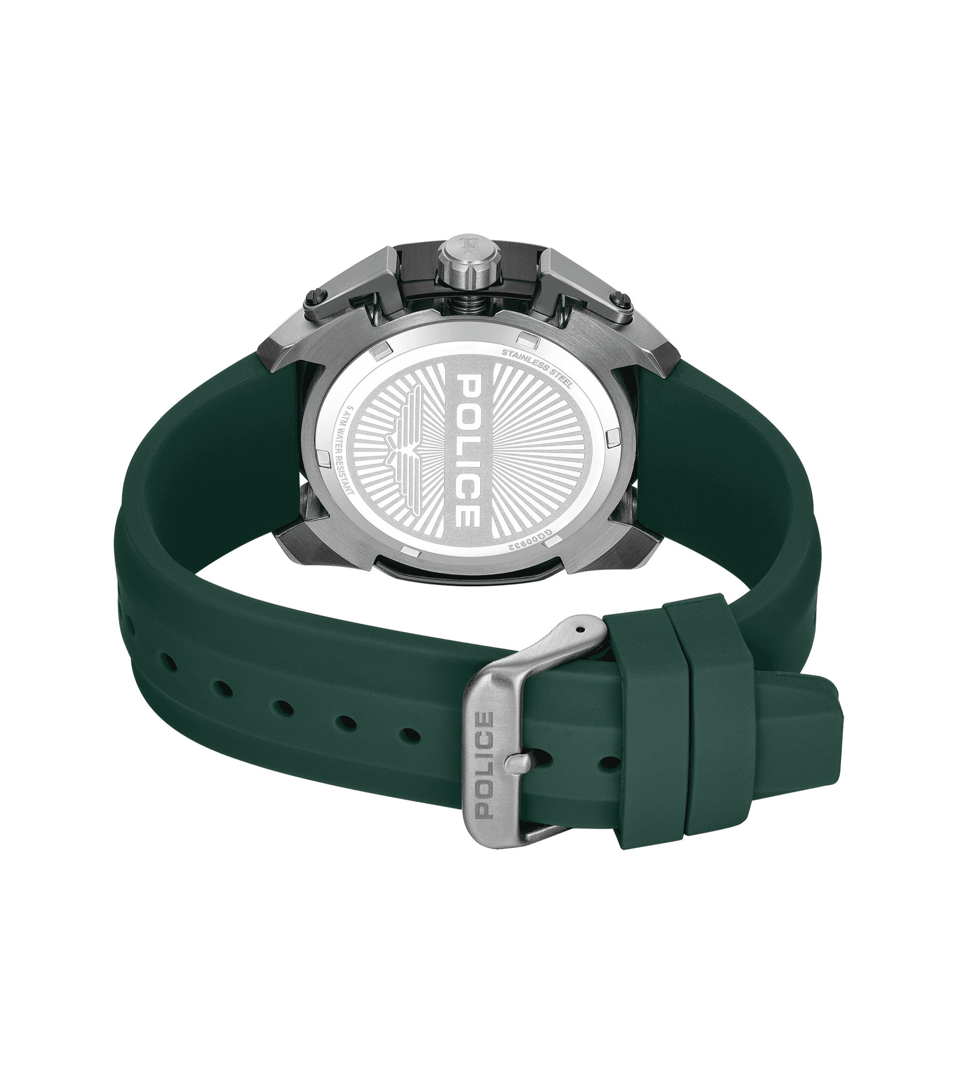 Herrenuhr mit grünem Silikonarmband, Rückseite mit Gehäuseboden und Verschluss