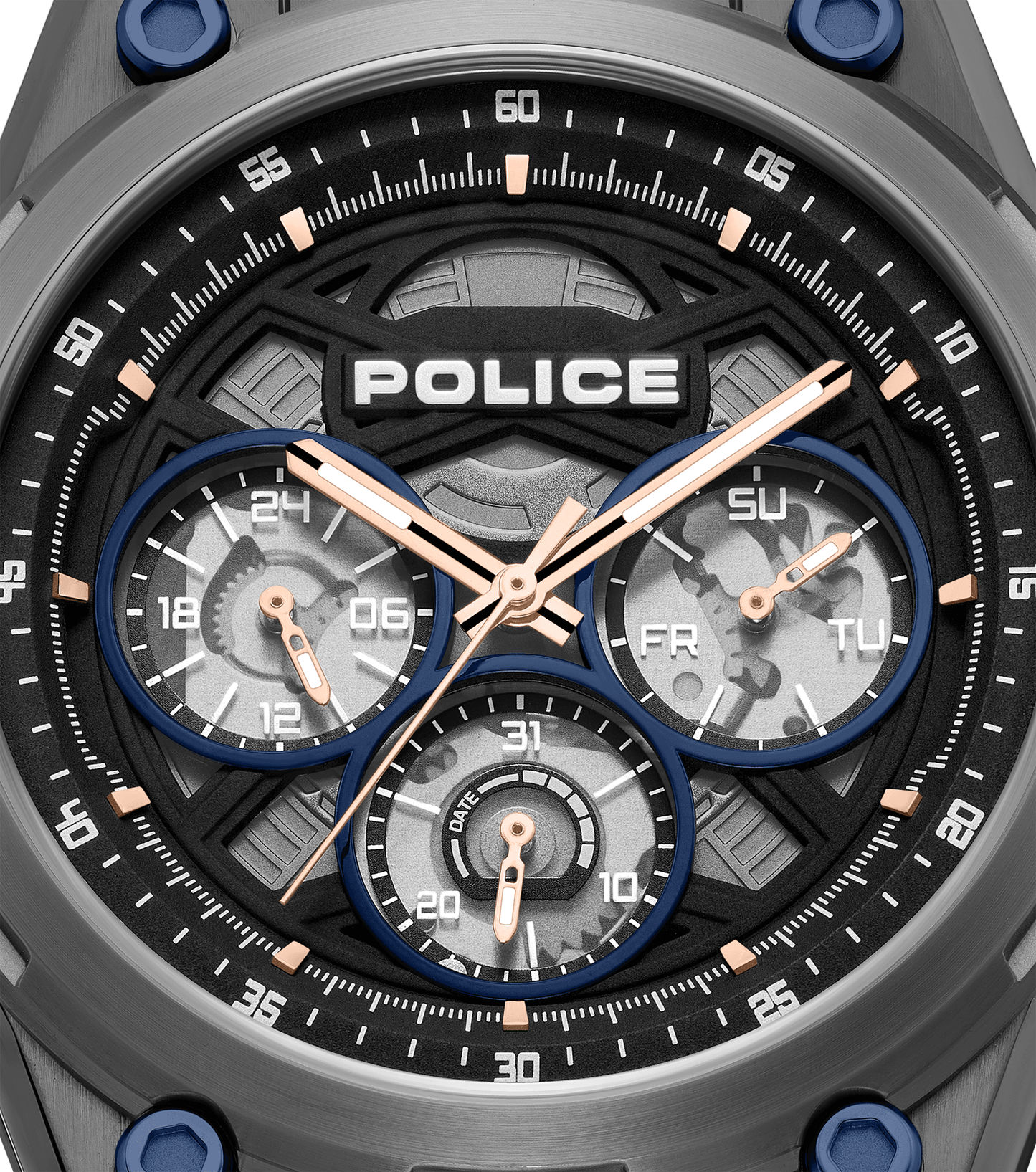 Police Chronograph-ähnliche Armbanduhr mit blau abgesetztem Zifferblatt und Stoppuhren-Subdials