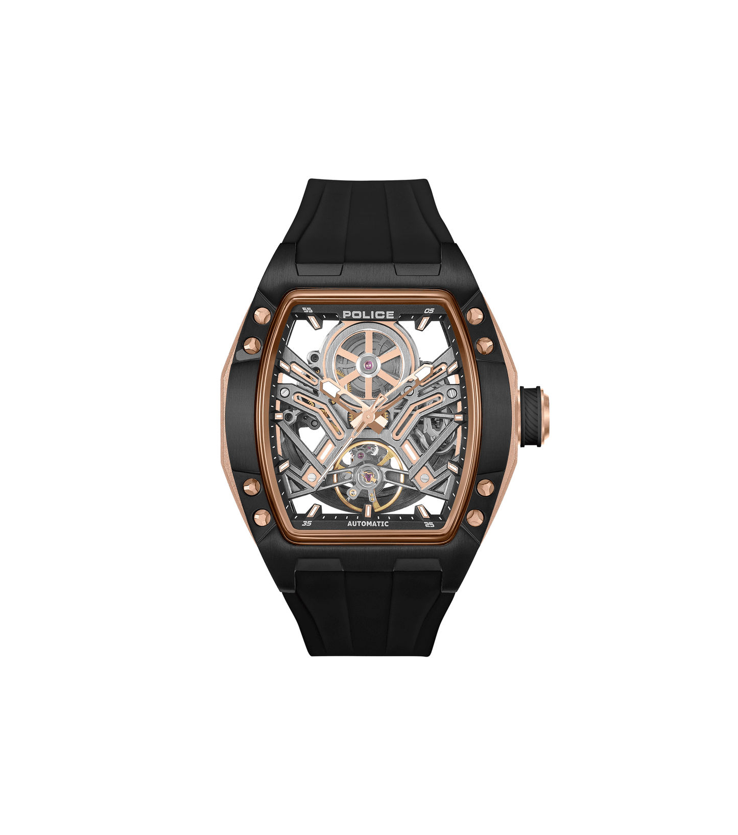 Schwarze Herrenarmbanduhr mit Silikonband, skelettiertem Zifferblatt und kupferfarbener Lünette.