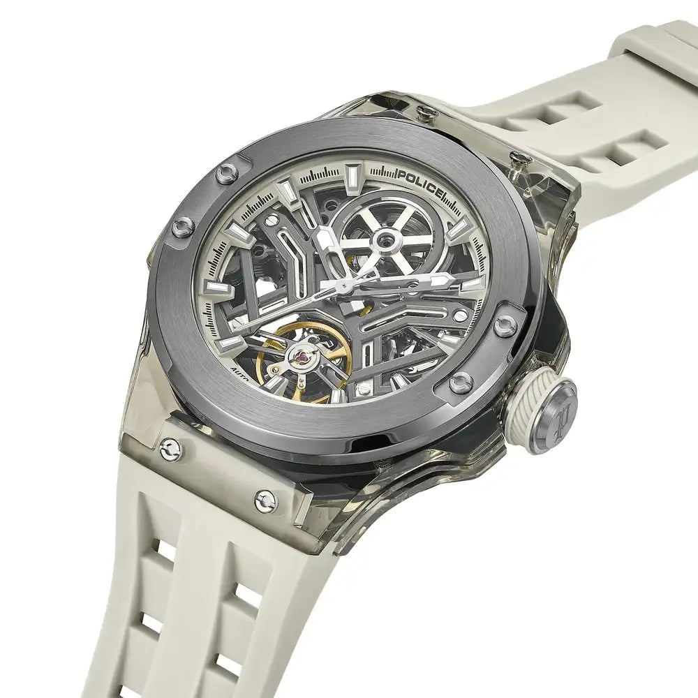 Herrenuhr mit Skelett-Zifferblatt, grauem Gehäuse und hellem Silikonarmband
