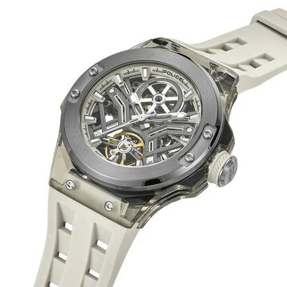 Herrenuhr mit Skelett-Zifferblatt, grauem Gehäuse und hellem Silikonarmband