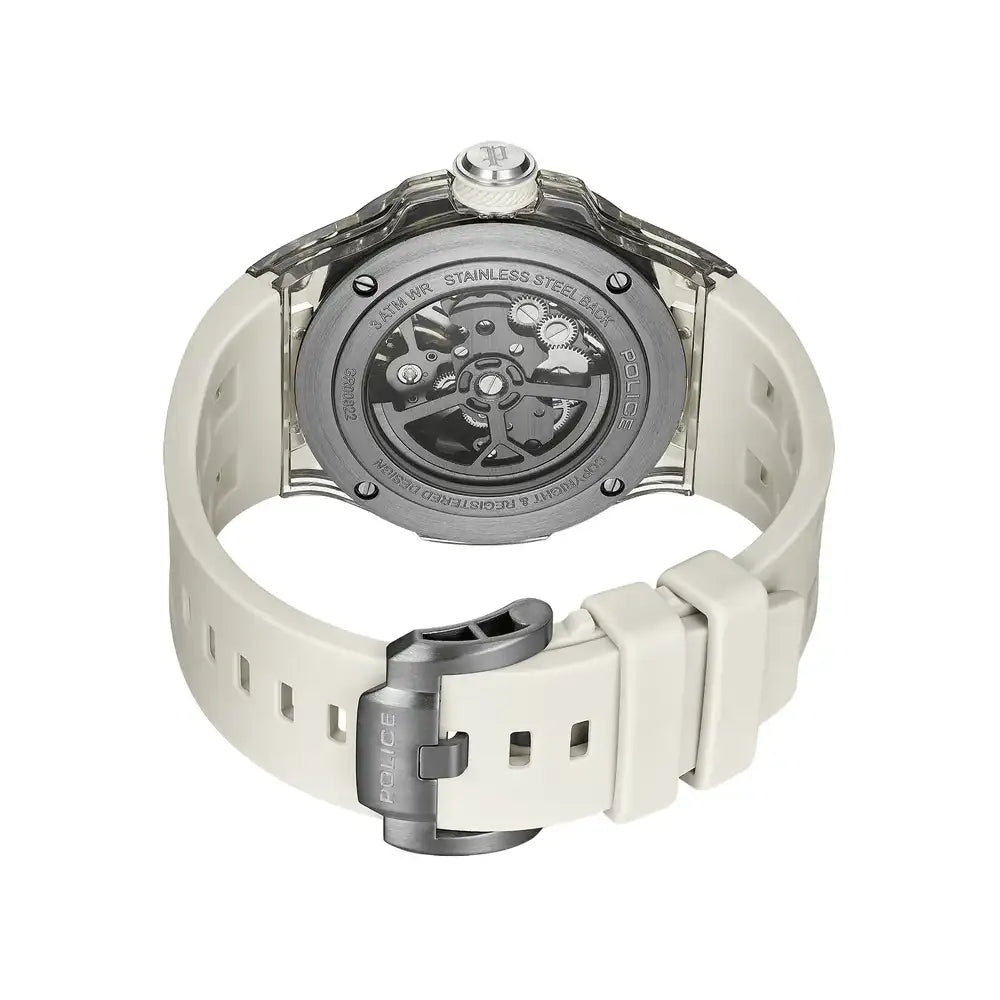 Rückansicht Herrenuhr mit Sichtwerk und hellem Silikonarmband, Edelstahlboden