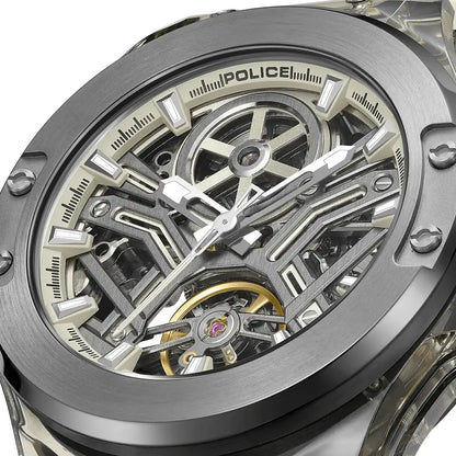 Detailansicht Herrenuhr: silbernes Skelett-Zifferblatt mit sichtbaren Zahnrädern