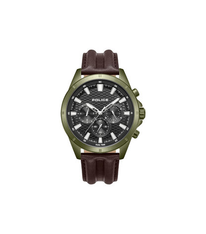 Herren-Chronograph mit grünem Gehäuse, schwarzem Zifferblatt und braunem Lederarmband