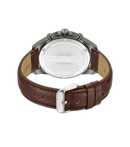 Herrenarmbanduhr mit braunem Lederarmband und silbernem Gehäuseboden, Dornschließe