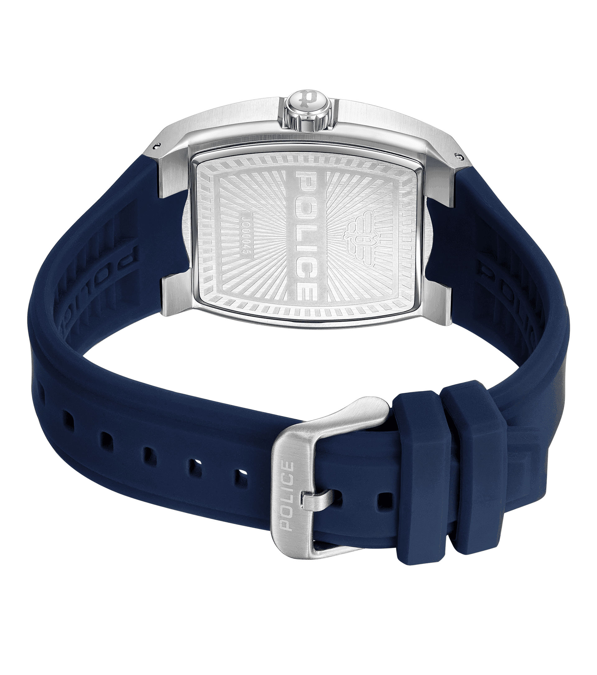 Herren-Multifunktionsuhr Rückseite mit POLICE-Aufdruck, blaues Silikonband und Dornschließe