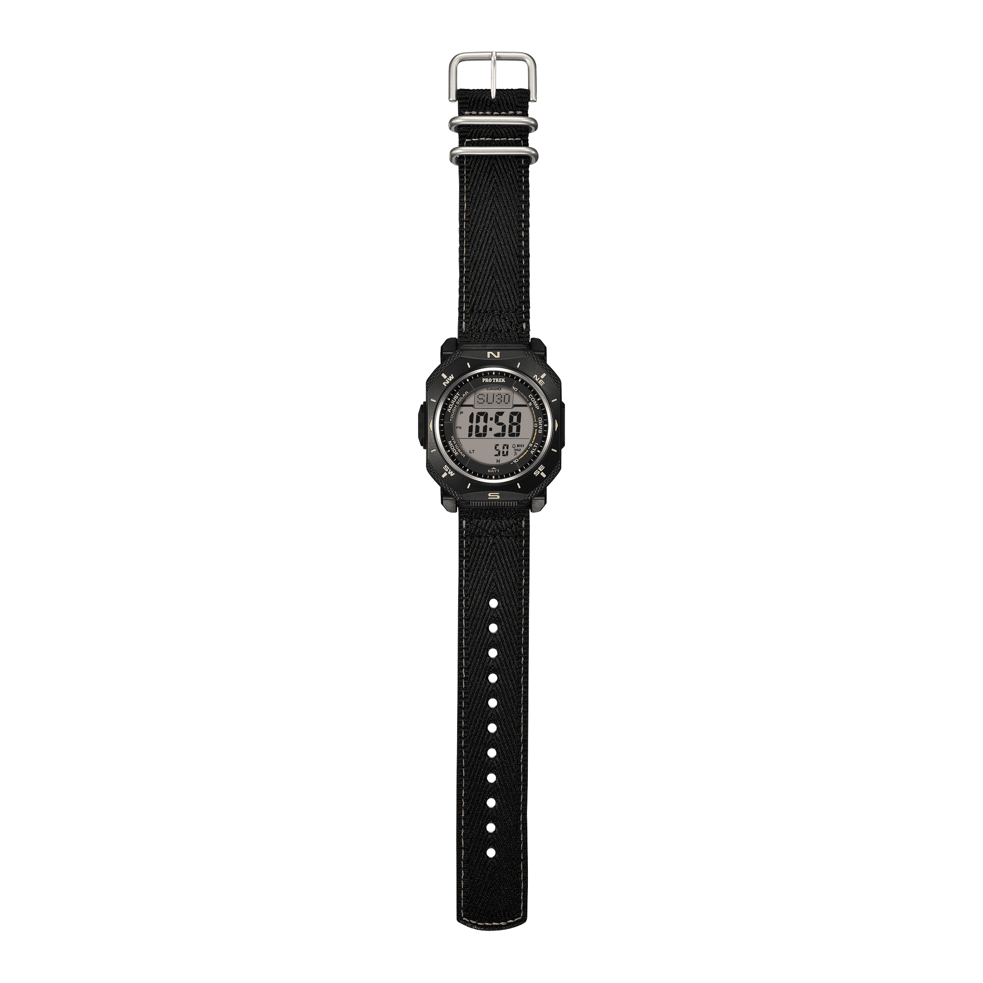 Casio PROTREK Armbanduhr seitlich mit schwarzem Gehäuse und schwarzem Textilarmband