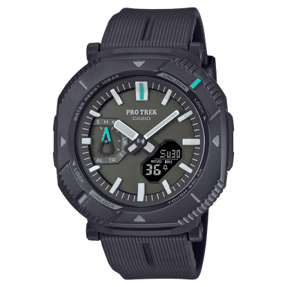 Casio Pro Trek Herrenuhr, dunkelgraues Display mit grünen Markierungen und geripptem Armband