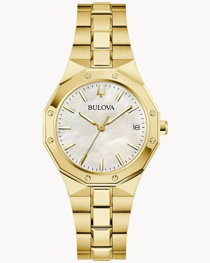 Bulova Damenuhr mit goldenem Metallarmband, weißem Zifferblatt und Datumsanzeige