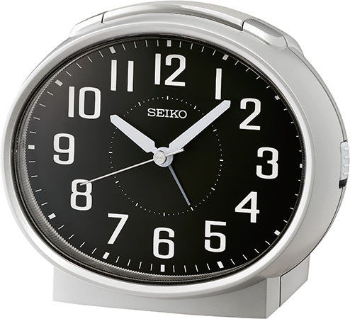 Silberner Seiko-Wecker mit schwarzem Zifferblatt und großen Leuchtziffern