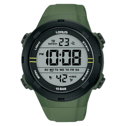 Lorus Herren-Sports-Digitaluhr: schwarzes Gehäuse, grünes Silikonarmband, 10-Bar-Display