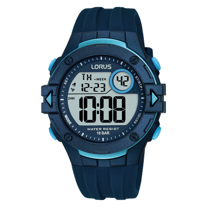 Lorus Herren-Digitaluhr mit rundem Display, dunkelblauem Armband und großer Zeitanzeige