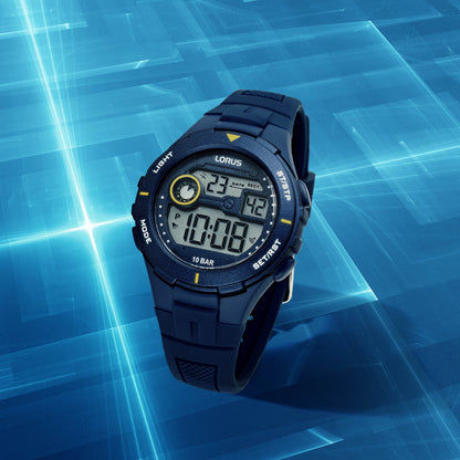 Lorus Young Herrenuhr mit digitalem Display, blauem Armband, seitlich, 10 BAR