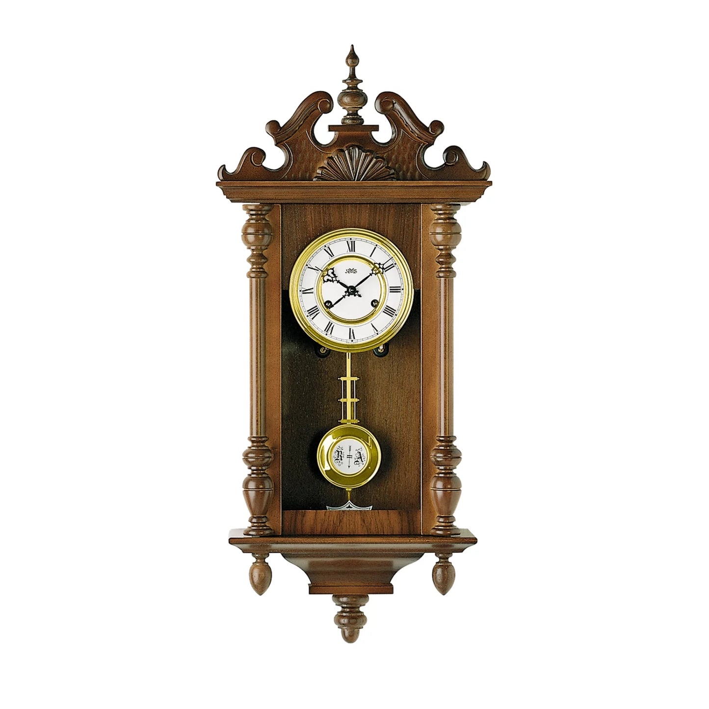 Horloge murale en bois avec pendule et cadran en verre, aspect noyer, éléments décoratifs dorés