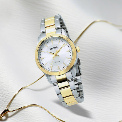 Damenuhr zweifarbig mit weißem Zifferblatt und goldenen Akzenten, Edelstahlarmband