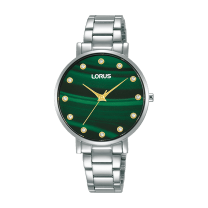 Lorus Damen-Armbanduhr mit dunkelgrünem Zifferblatt, Markierungen und silbernem Edelstahlarmband.
