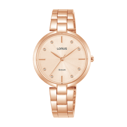 Damenuhr Lorus mit roségoldfarbenem Armband und rundem Zifferblatt, Strichindizes