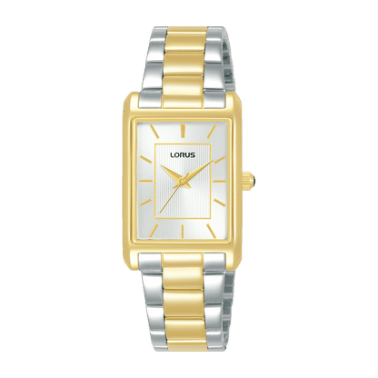 Lorus Damenarmbanduhr mit rechteckigem Zifferblatt und zweifarbigem Edelstahlarmband, Mineralglas