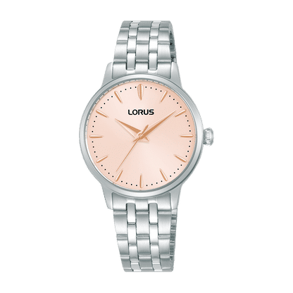 Lorus Damenuhr mit rosa Zifferblatt und Edelstahlarmband, rundes Analoggehäuse
