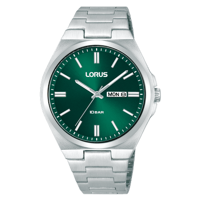 Lorus Herrenarmbanduhr mit dunkelgrünem Zifferblatt und Edelstahlarmband, Mineralglas