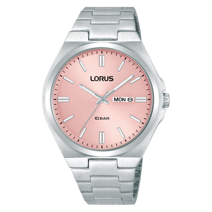 Herrenuhr mit rosafarbenem Zifferblatt, silbernem Metallarmband und Datumsanzeige „MON 8“.