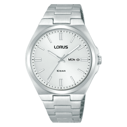 Herrenarmbanduhr Lorus mit silbernem Metallband, rundem hellem Zifferblatt und Datumsanzeige