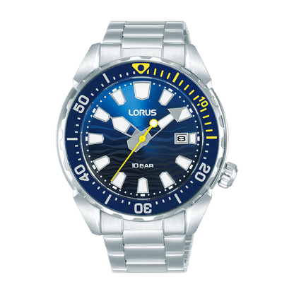 Lorus Sport Herrenuhr mit blauem Zifferblatt, drehbarer Lünette und Edelstahlband